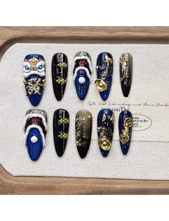 Blue and Gold Lion Relief Nail Art