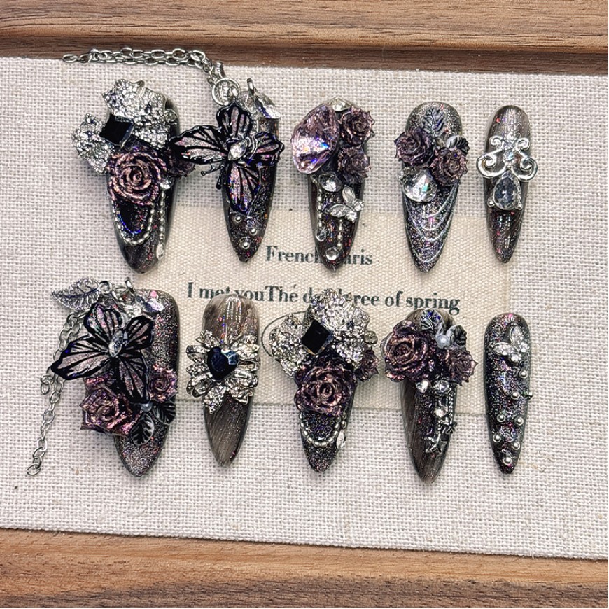 Dark Tassel Butterfly Embossed Handmade Nail Art