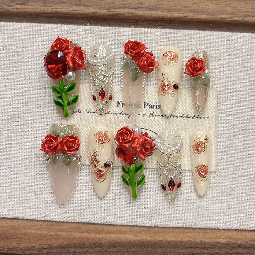 Rose and Pearl Embossed Nail Art