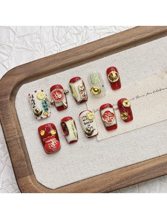 Red New Year Embossed Handmade Nail Art