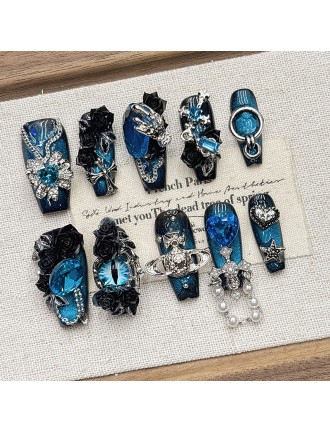 Blue Rhinestone Embossed Nail Art
