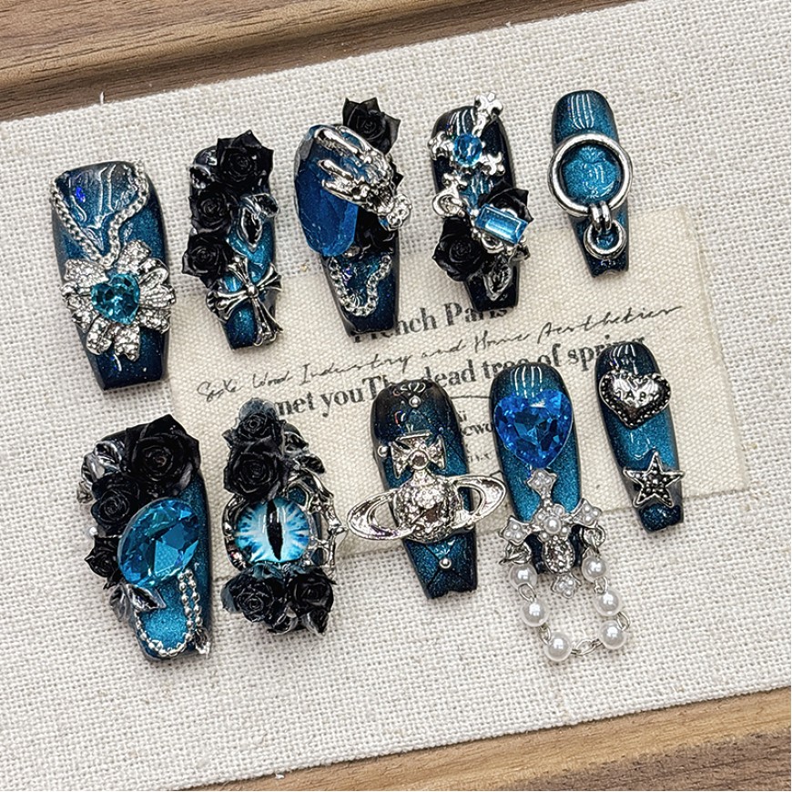 Blue Rhinestone Embossed Nail Art