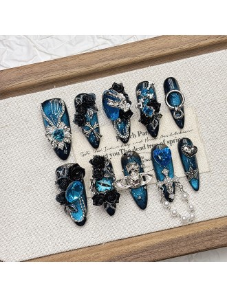 Blue Rhinestone Embossed Nail Art