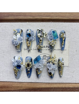 Blue Flower Embossed Nail Art