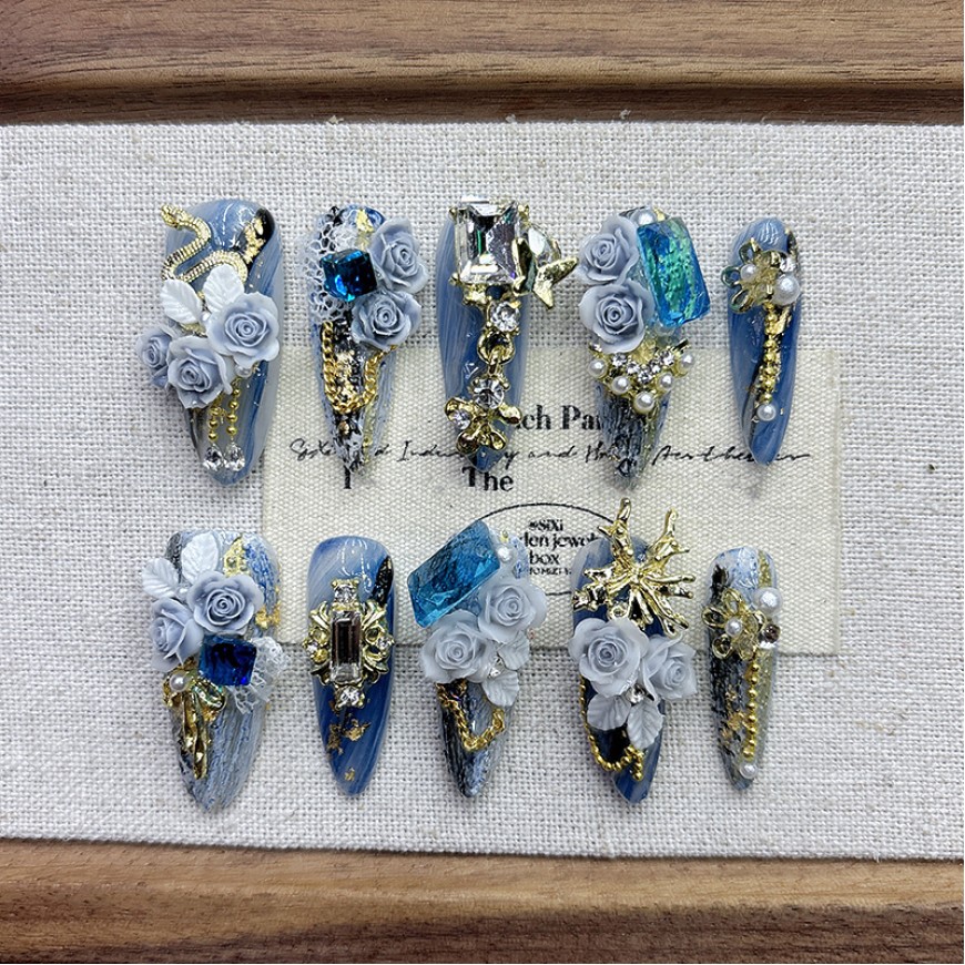 Blue Flower Embossed Nail Art