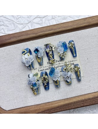 Blue Flower Embossed Nail Art