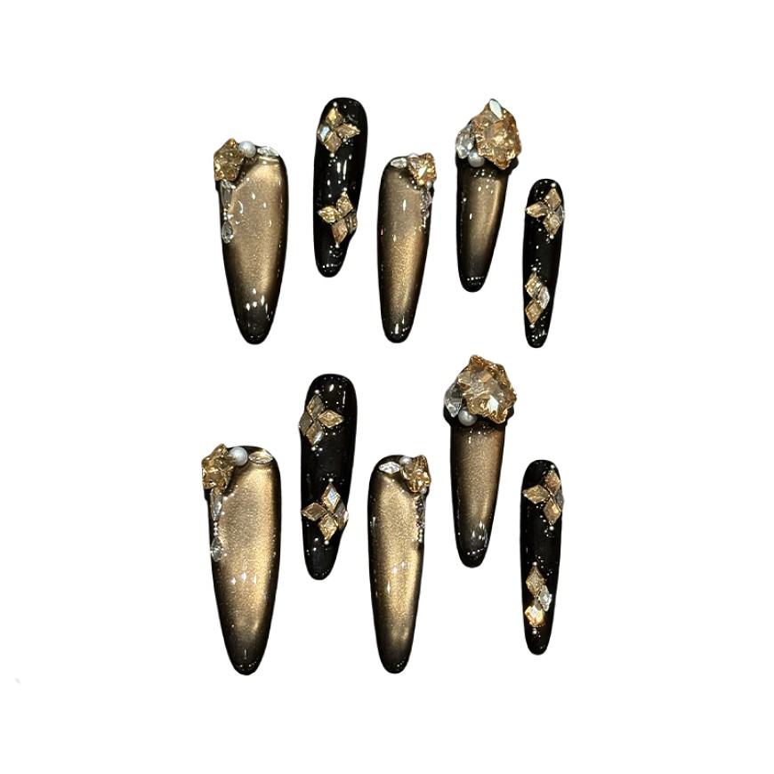 Black and Gold Rhinestone Nail Art