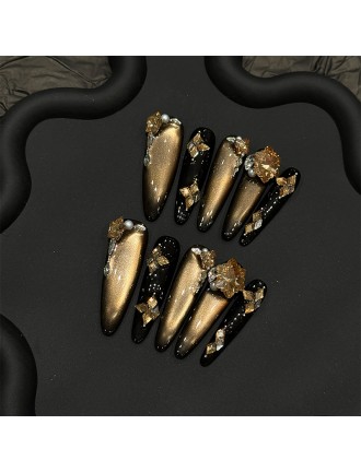 Black and Gold Rhinestone Nail Art