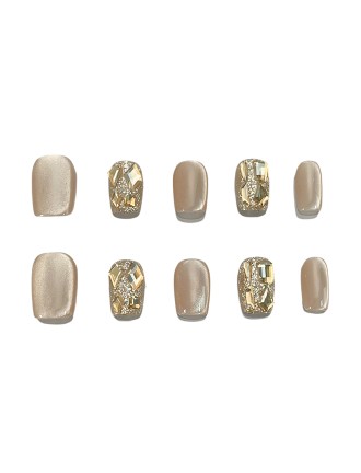 Champagne Colored Elegant Nail Art with Rhinestones
