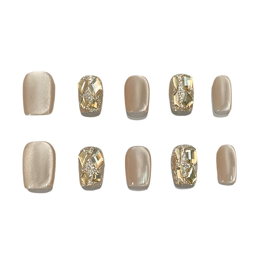Champagne Colored Elegant Nail Art with Rhinestones
