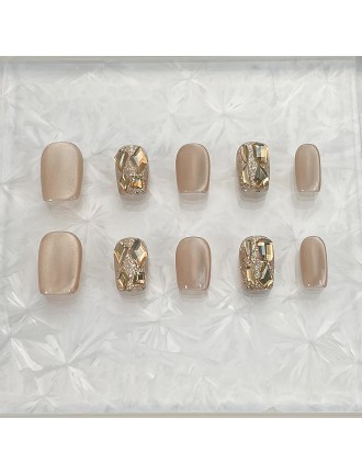 Champagne Colored Elegant Nail Art with Rhinestones