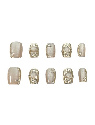 Exquisite Gold Powder and Rhinestone Nail Art