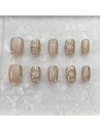 Exquisite Gold Powder and Rhinestone Nail Art