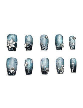 Blue Snowflake Rhinestone Nail Art