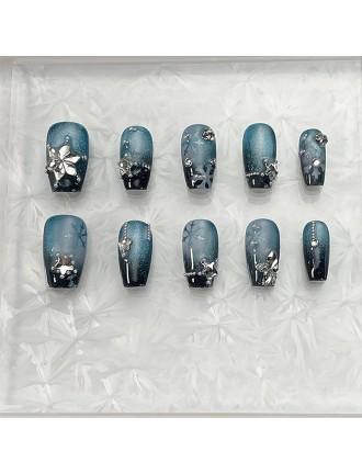 Blue Snowflake Rhinestone Nail Art