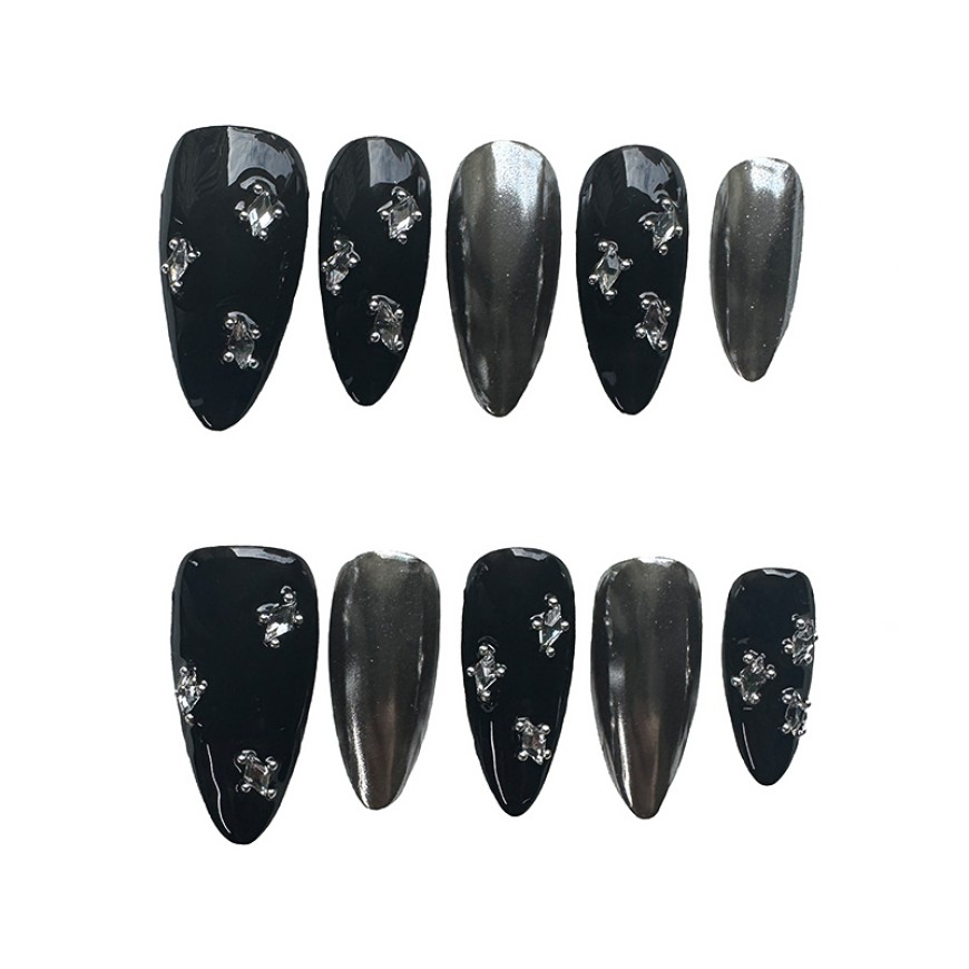 Black Mirror Rhinestone Nail Art