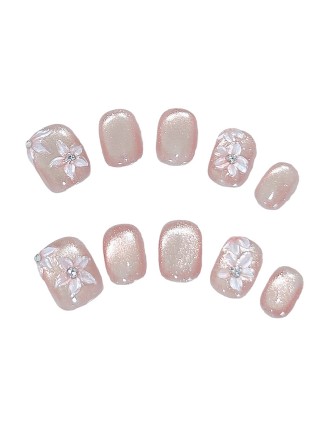 Pink Peach Blossom Rhinestone Nail Art