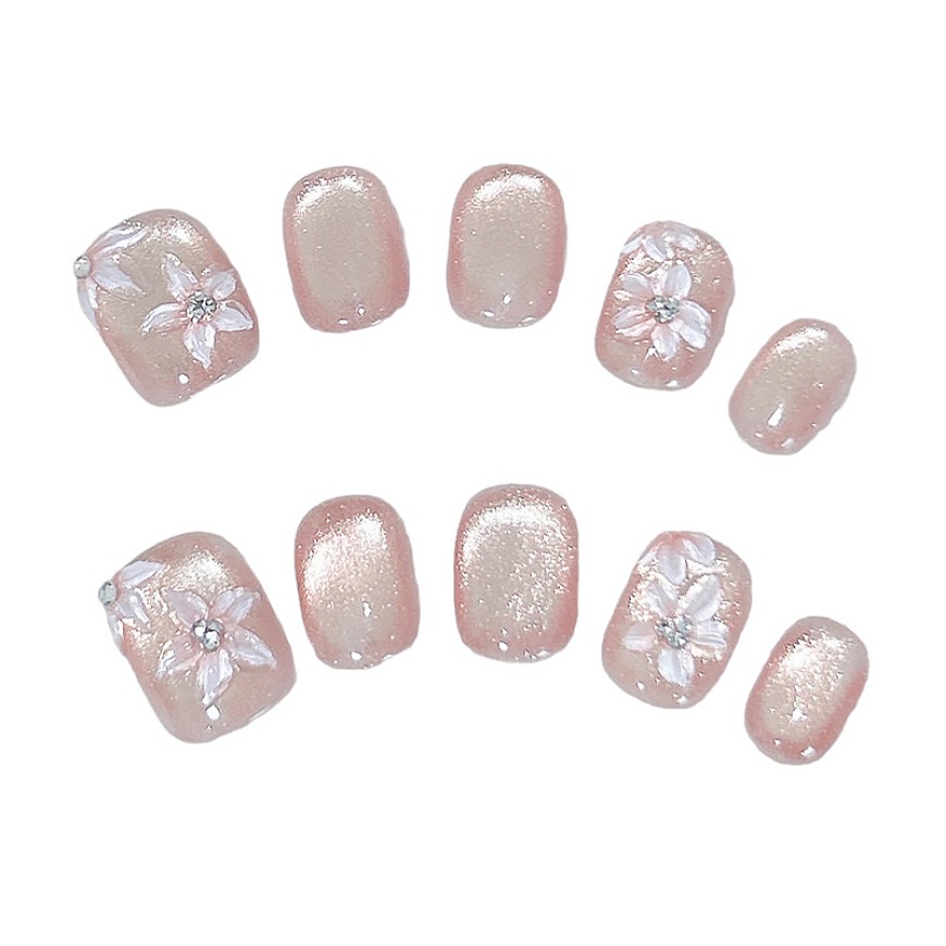 Pink Peach Blossom Rhinestone Nail Art