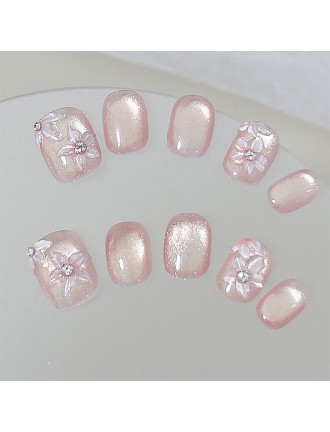 Pink Peach Blossom Rhinestone Nail Art