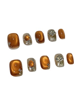 Brown Short Rhinestone Nail Art