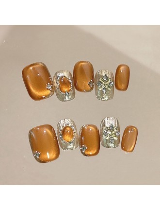 Brown Short Rhinestone Nail Art