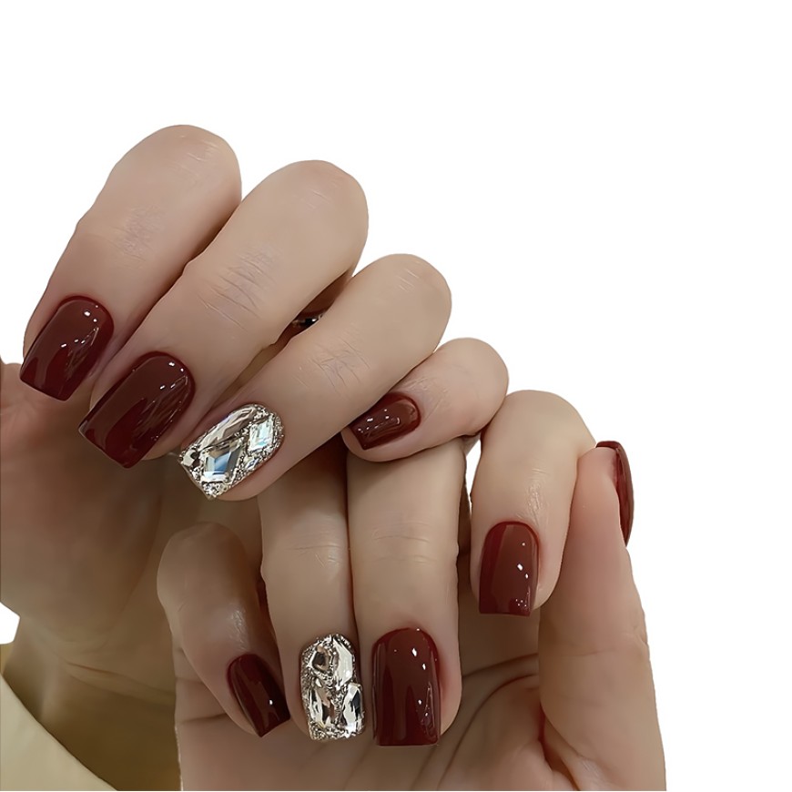 Burgundy and Silver Rhinestone Nail Art