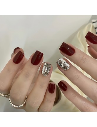 Burgundy and Silver Rhinestone Nail Art
