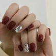 Burgundy and Silver Rhinestone Nail Art