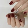 Burgundy and Silver Rhinestone Nail Art