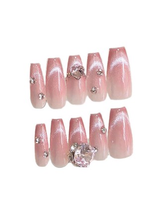 Pink Gradient Cat Eye Rhinestone Nail Art