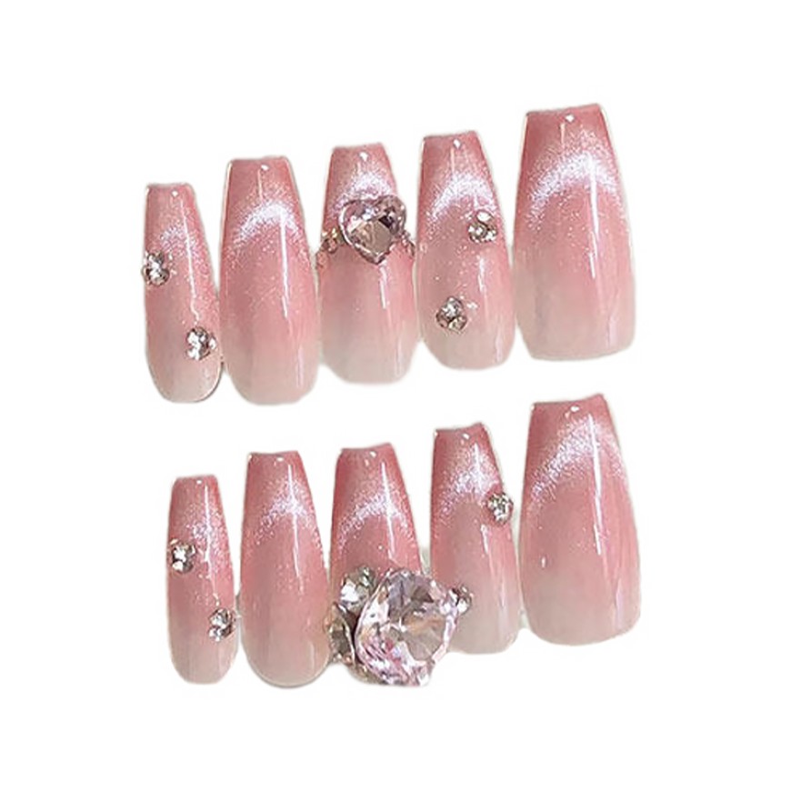Pink Gradient Cat Eye Rhinestone Nail Art