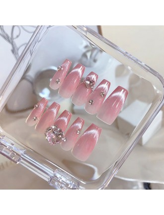 Pink Gradient Cat Eye Rhinestone Nail Art