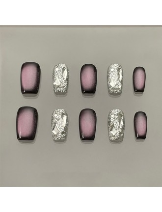 Purple Rhinestone Cat-Eye Nail Art