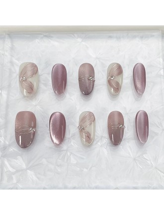 Premium Purple Rhinestone Almond Nails