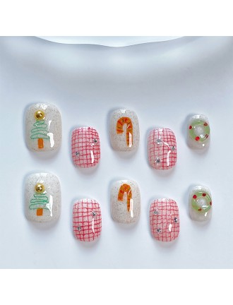 Christmas Red Checkered Hand-Painted Nail Art