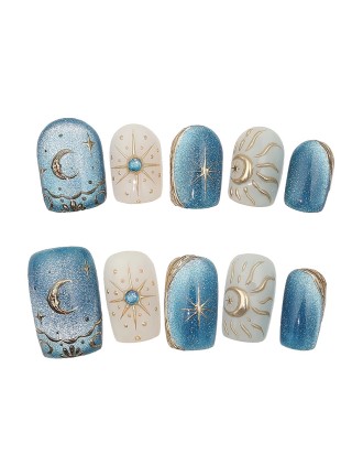 Blue Cat-Eye Starry Night Nail Art