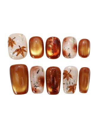 Hand painted Maple Leaf Cat Eye Nail Art