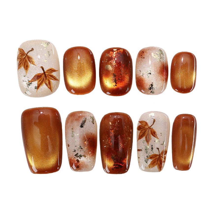 Hand painted Maple Leaf Cat Eye Nail Art