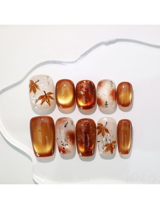 Hand painted Maple Leaf Cat Eye Nail Art