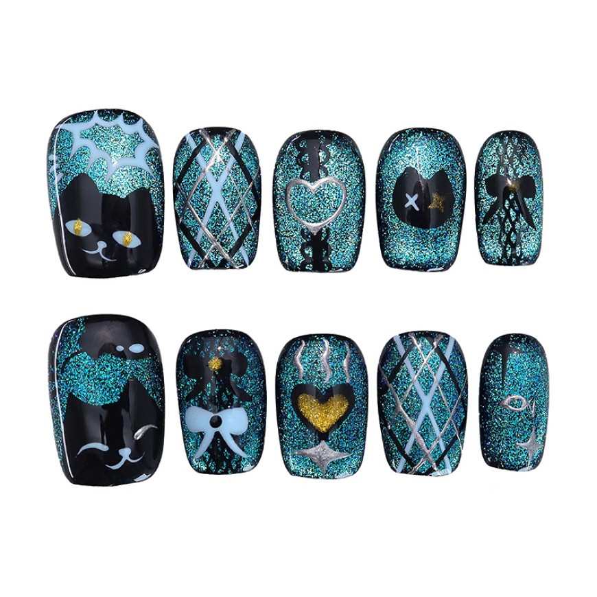 Hand-painted Black Cat Eye Nail Art