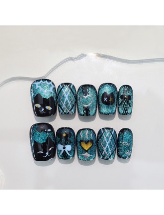 Hand-painted Black Cat Eye Nail Art