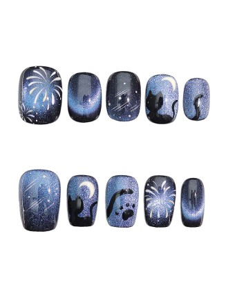 Starry Night Kitten Hand-Painted Nail Art