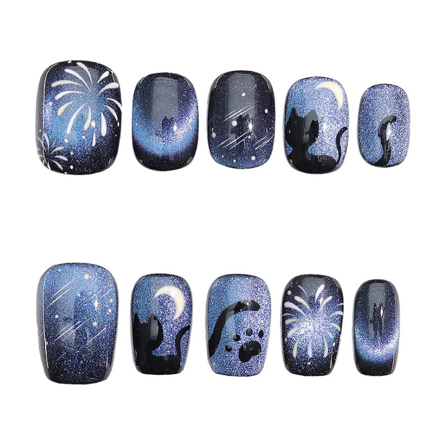 Starry Night Kitten Hand-Painted Nail Art