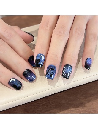 Starry Night Kitten Hand-Painted Nail Art