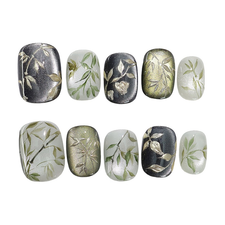 Hand-painted Bamboo Cat-Eye Nail Art