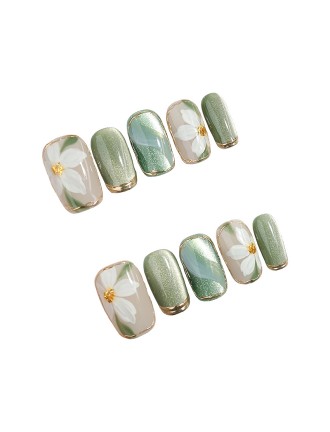 Hand-painted Camellia Cat-Eye Nail Art