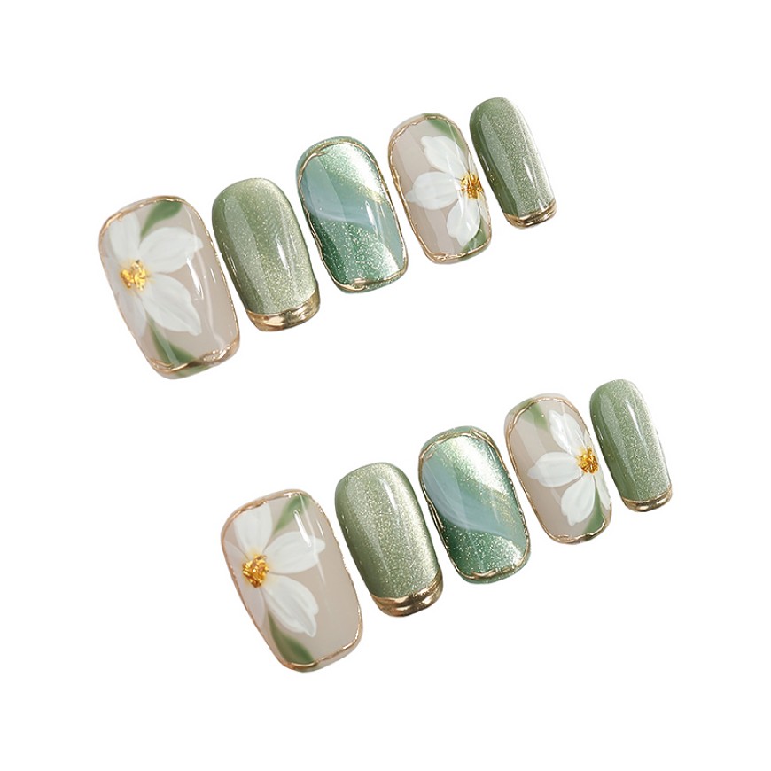 Hand-painted Camellia Cat-Eye Nail Art