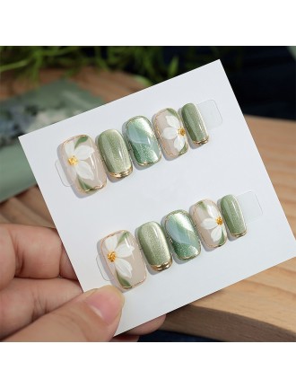 Hand-painted Camellia Cat-Eye Nail Art