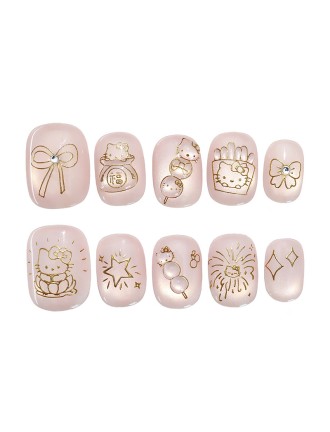 Golden Kitty Hand-Painted Nail Art