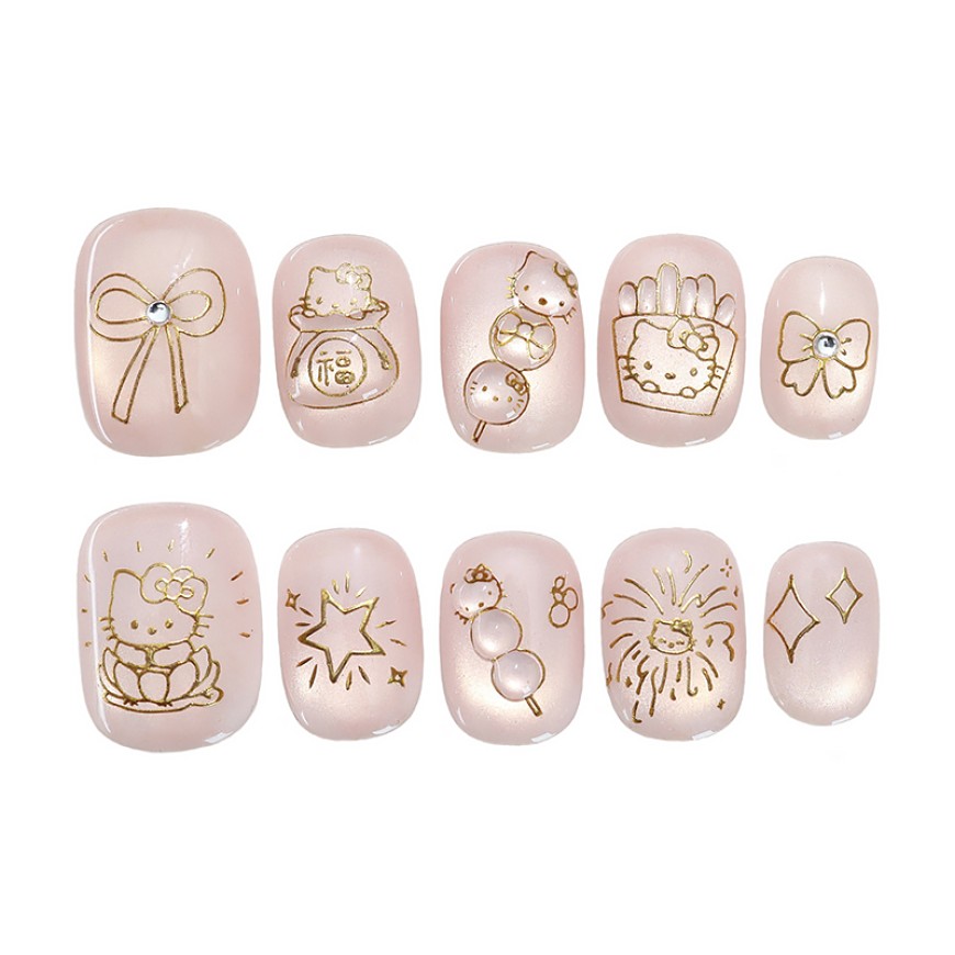 Golden Kitty Hand-Painted Nail Art